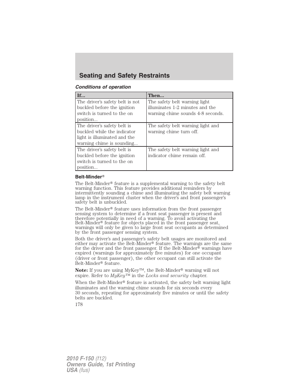 Conditions of operation, Belt-minder, Seating and safety restraints | FORD 2010 F-150 v.2 User Manual | Page 178 / 414