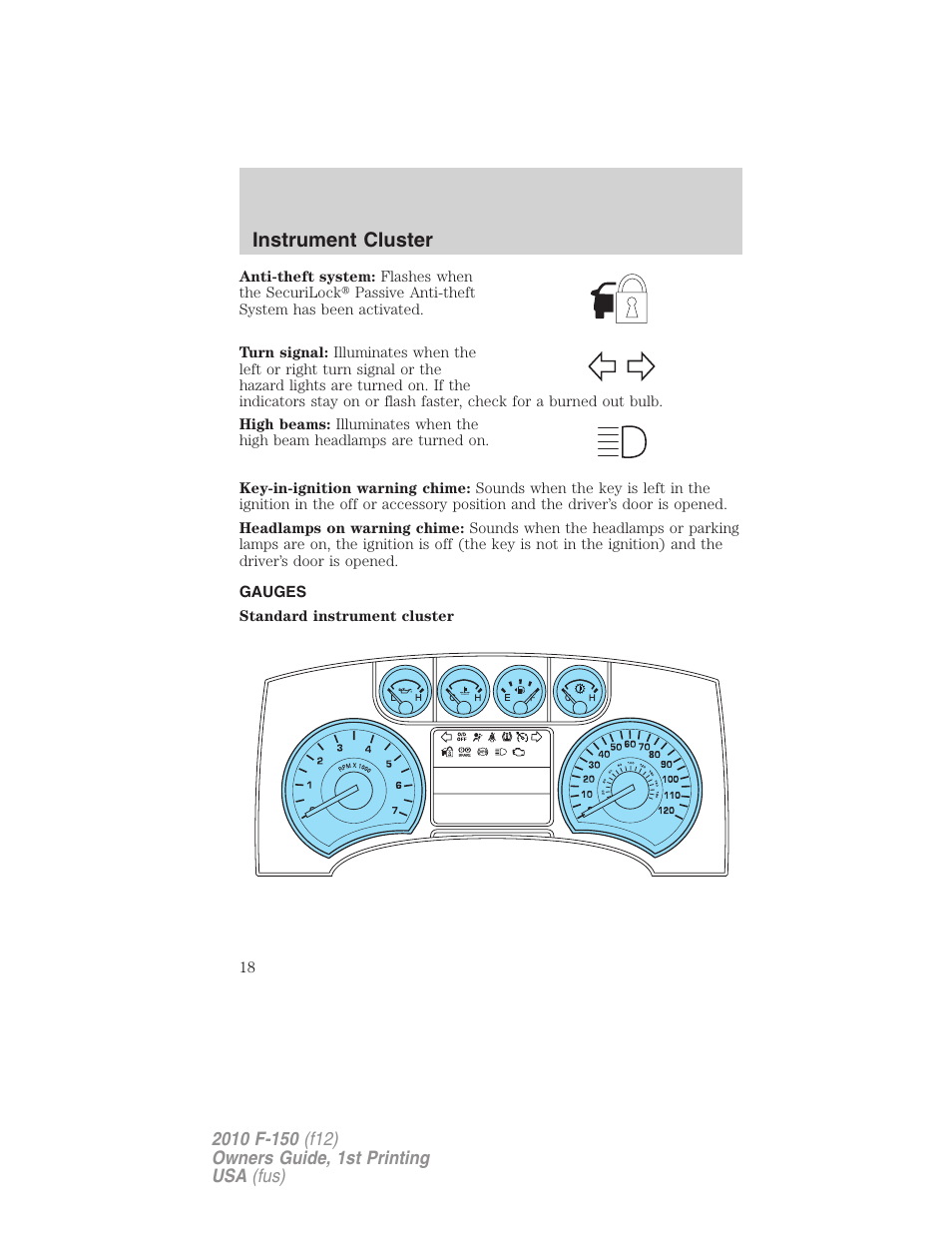 Gauges, Instrument cluster | FORD 2010 F-150 v.2 User Manual | Page 18 / 414