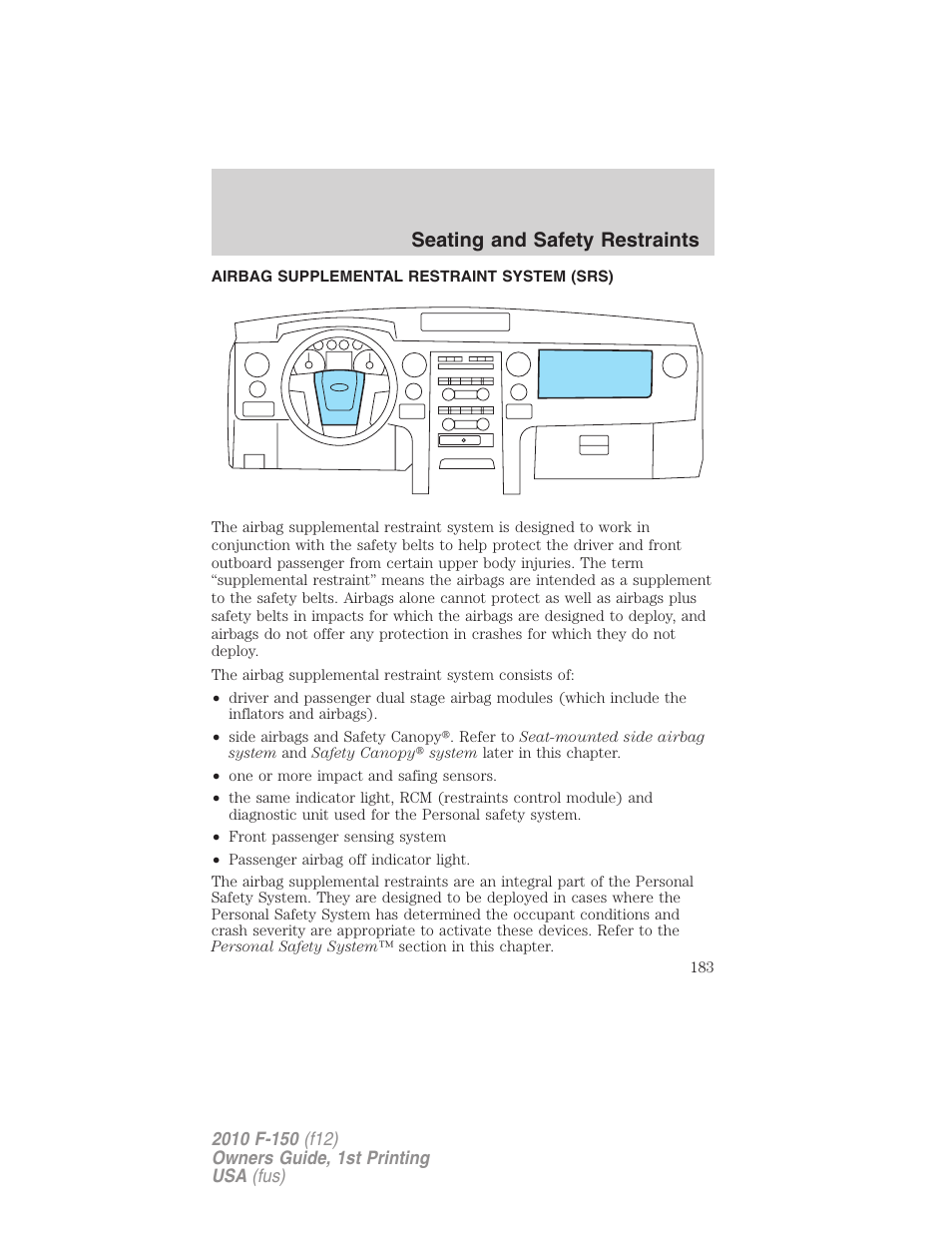 Airbag supplemental restraint system (srs), Airbags, Seating and safety restraints | FORD 2010 F-150 v.2 User Manual | Page 183 / 414