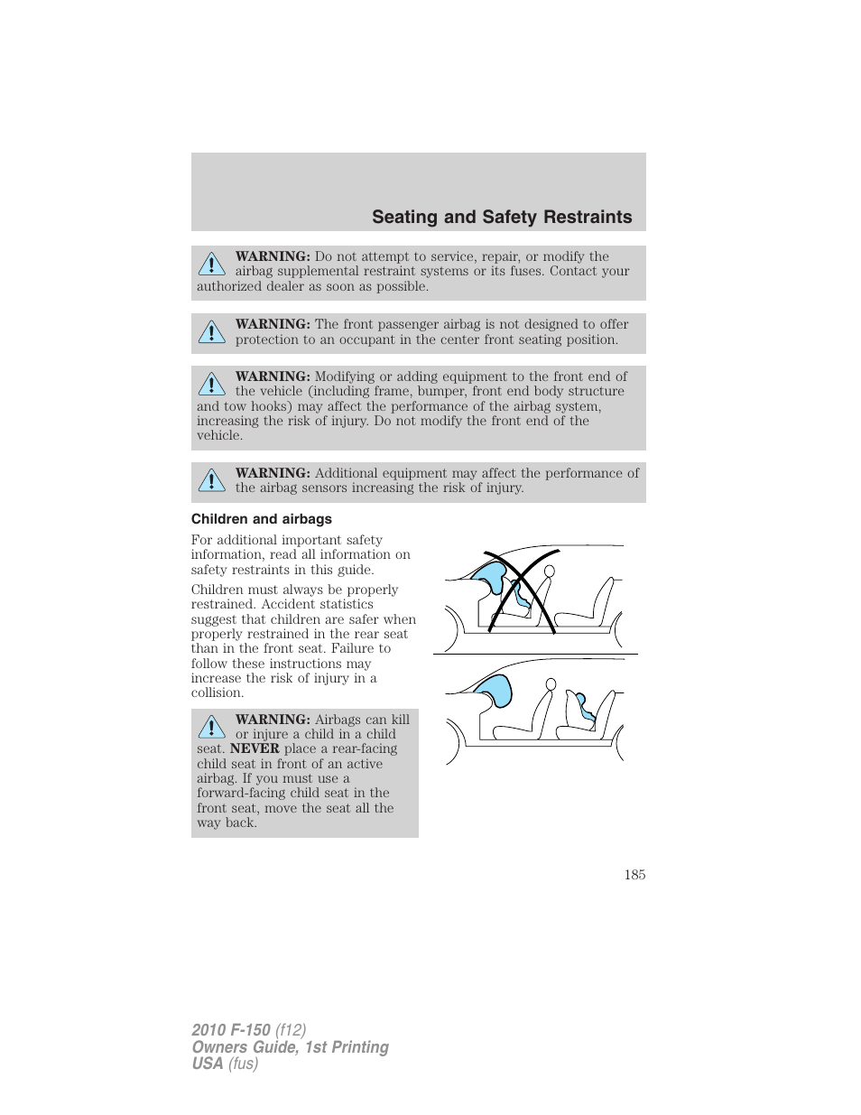 Children and airbags, Seating and safety restraints | FORD 2010 F-150 v.2 User Manual | Page 185 / 414