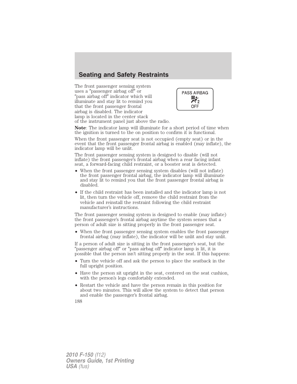 Seating and safety restraints | FORD 2010 F-150 v.2 User Manual | Page 188 / 414