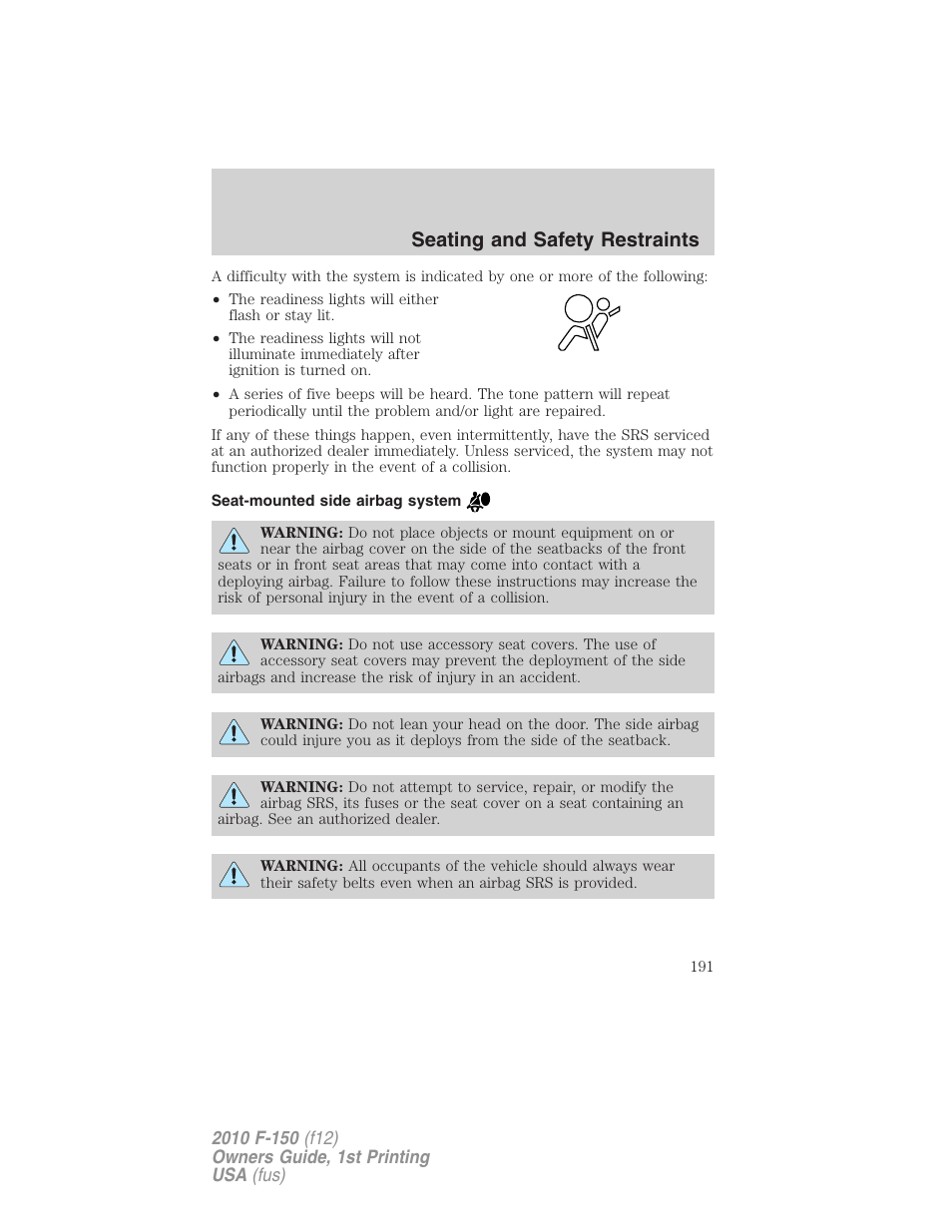 Seat-mounted side airbag system, Seating and safety restraints | FORD 2010 F-150 v.2 User Manual | Page 191 / 414