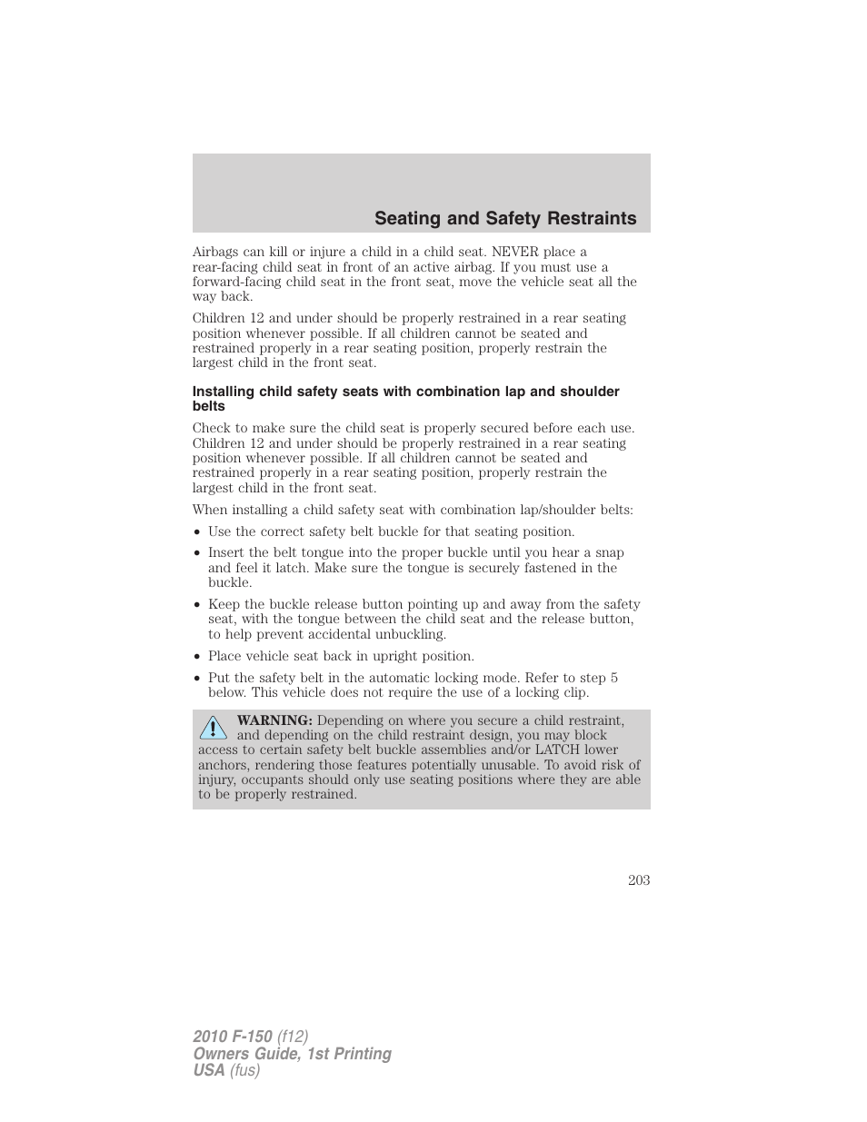 Seating and safety restraints | FORD 2010 F-150 v.2 User Manual | Page 203 / 414