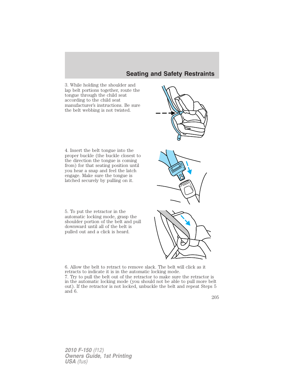 Seating and safety restraints | FORD 2010 F-150 v.2 User Manual | Page 205 / 414