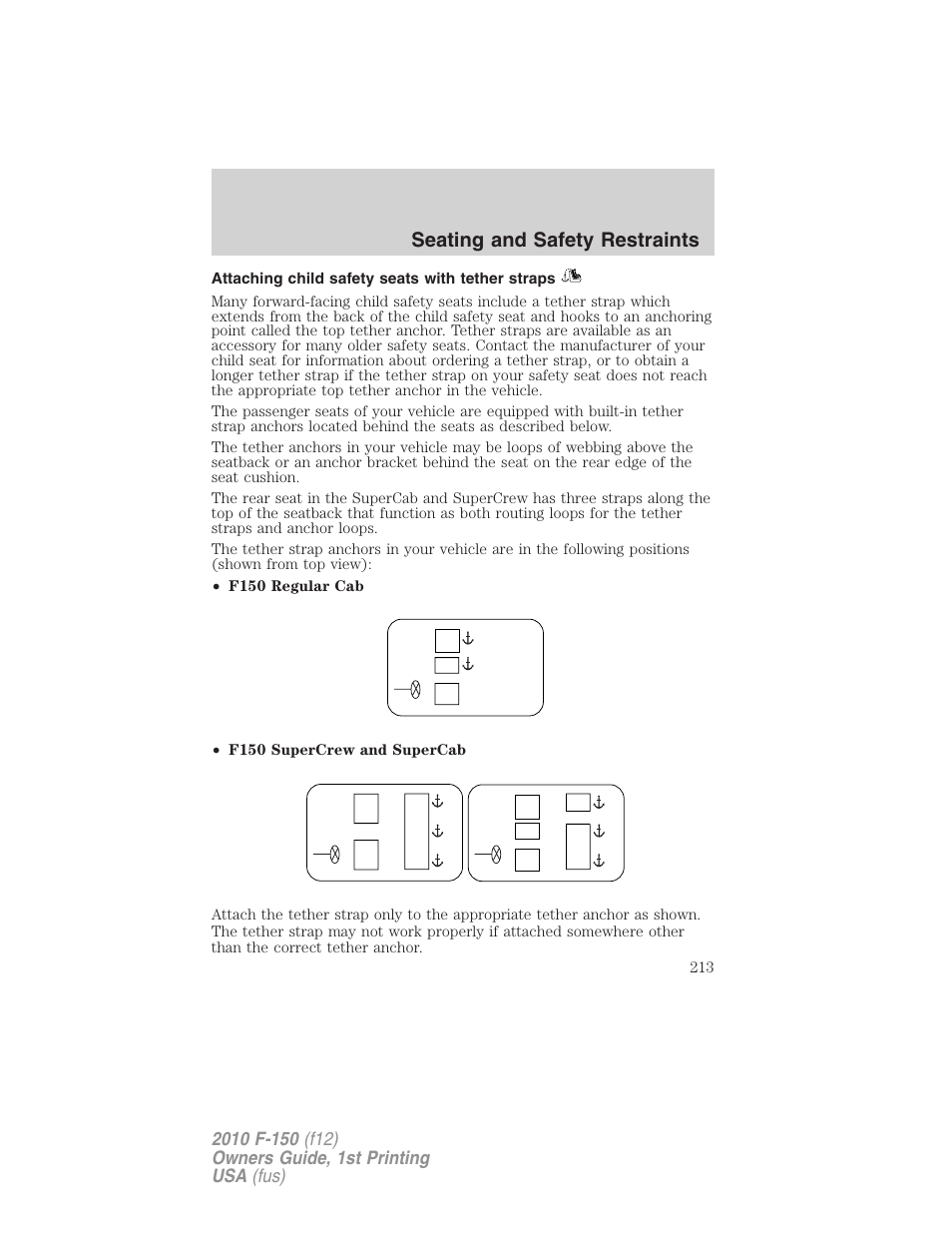 Attaching child safety seats with tether straps, Seating and safety restraints | FORD 2010 F-150 v.2 User Manual | Page 213 / 414