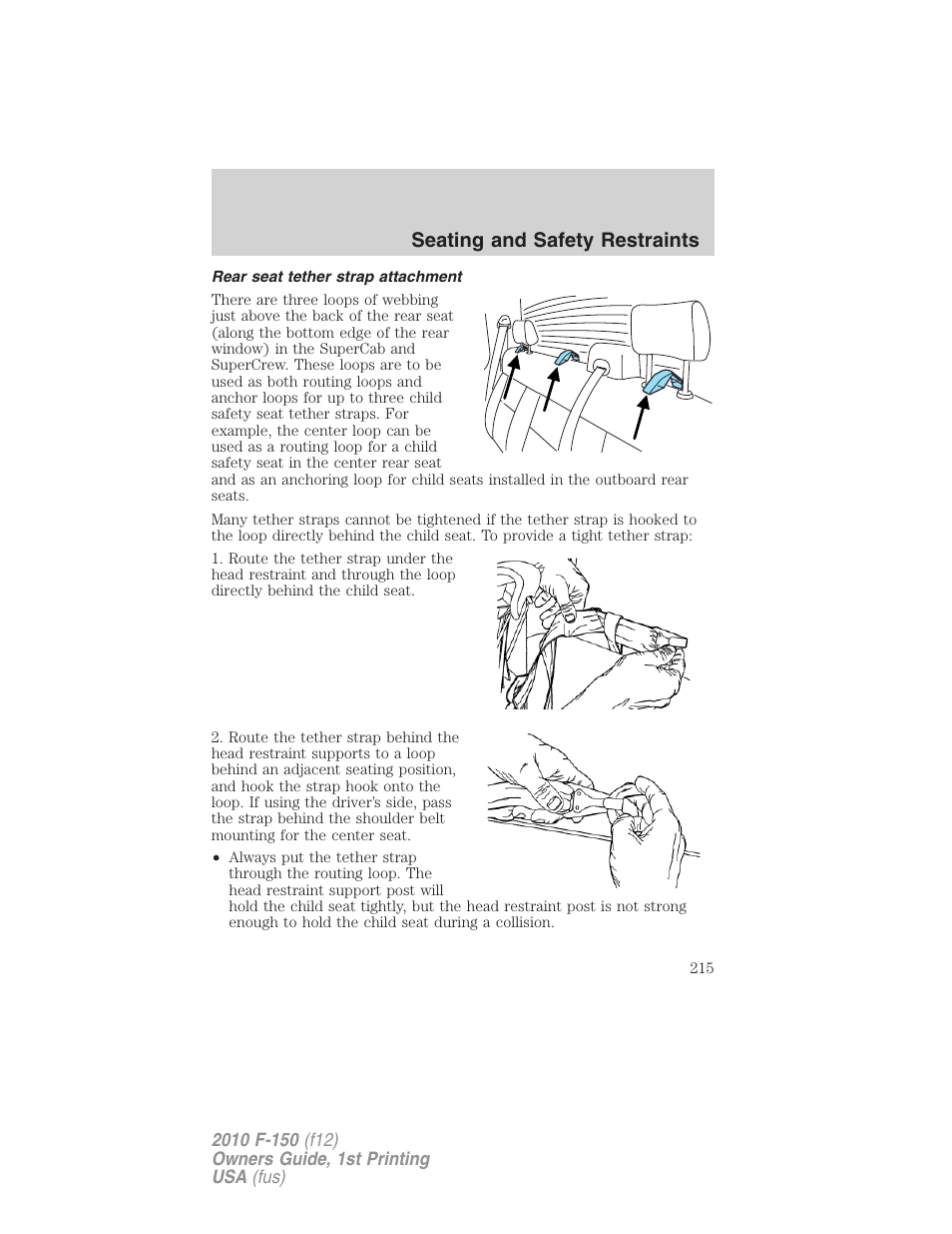 Rear seat tether strap attachment, Seating and safety restraints | FORD 2010 F-150 v.2 User Manual | Page 215 / 414