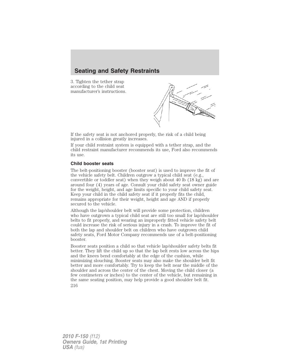 Child booster seats, Seating and safety restraints | FORD 2010 F-150 v.2 User Manual | Page 216 / 414