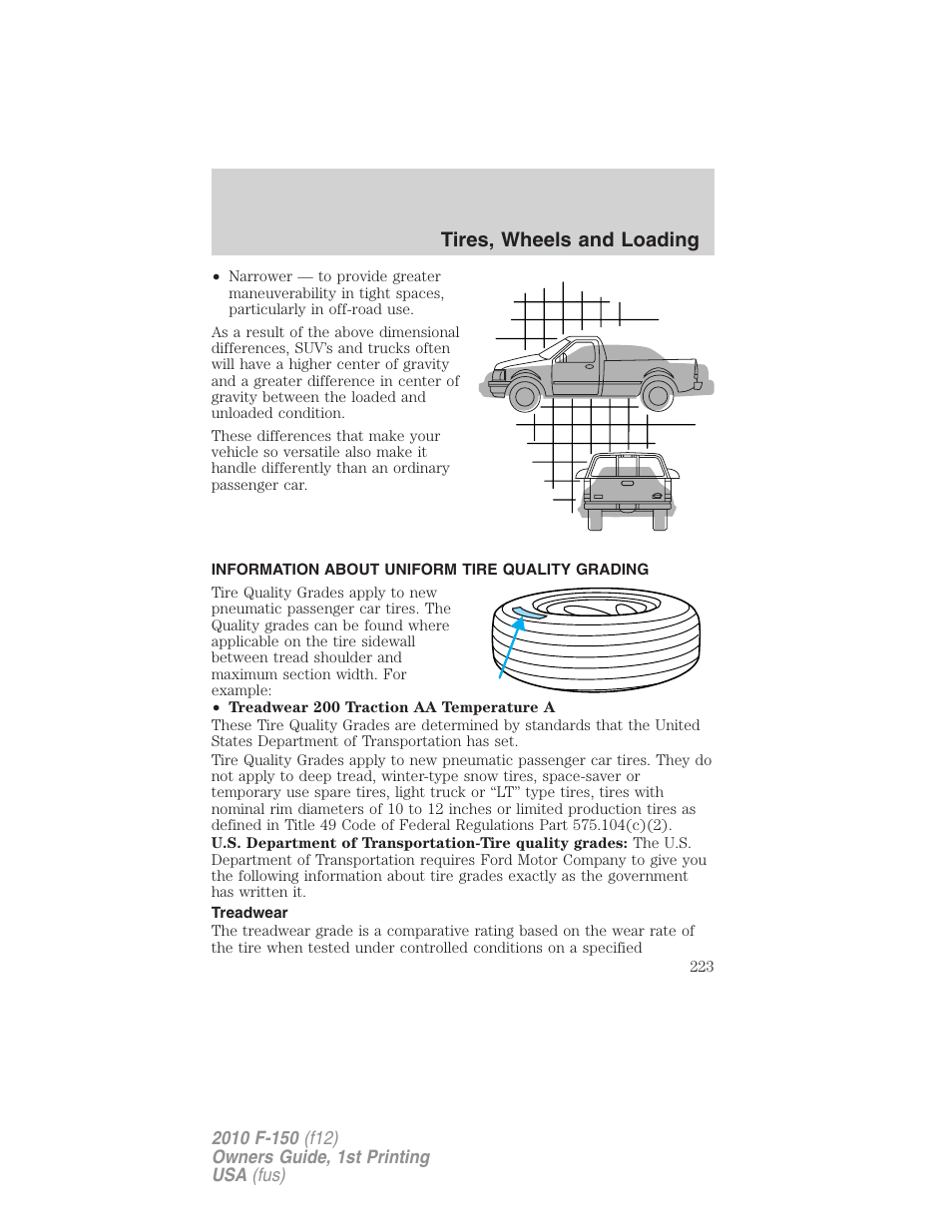 Information about uniform tire quality grading, Treadwear, Tire information | Tires, wheels and loading | FORD 2010 F-150 v.2 User Manual | Page 223 / 414