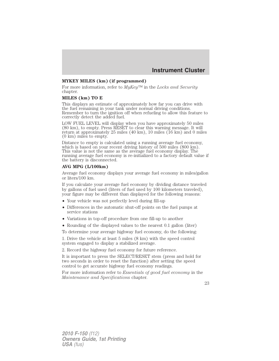 Instrument cluster | FORD 2010 F-150 v.2 User Manual | Page 23 / 414