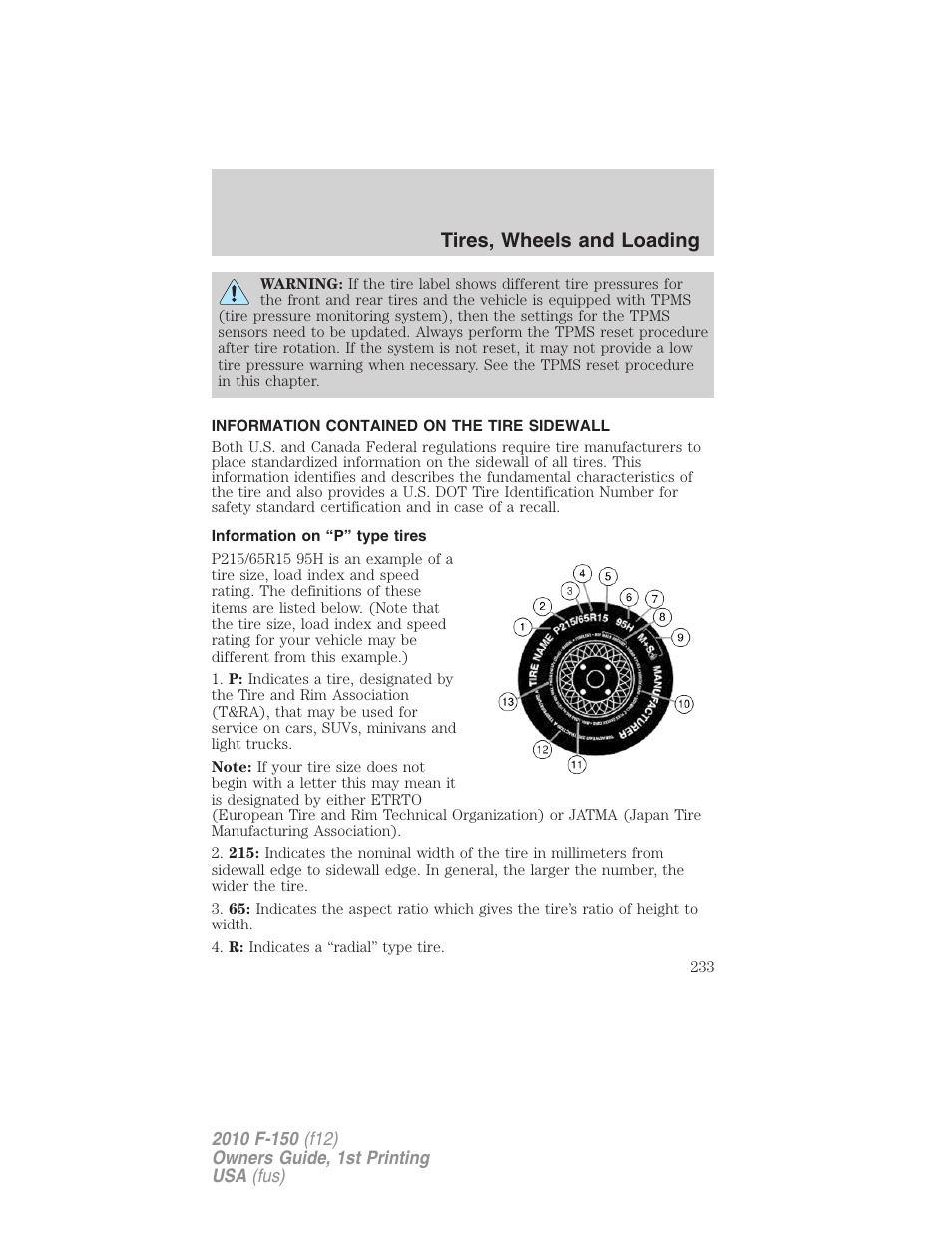 Information contained on the tire sidewall, Information on “p” type tires, Tires, wheels and loading | FORD 2010 F-150 v.2 User Manual | Page 233 / 414