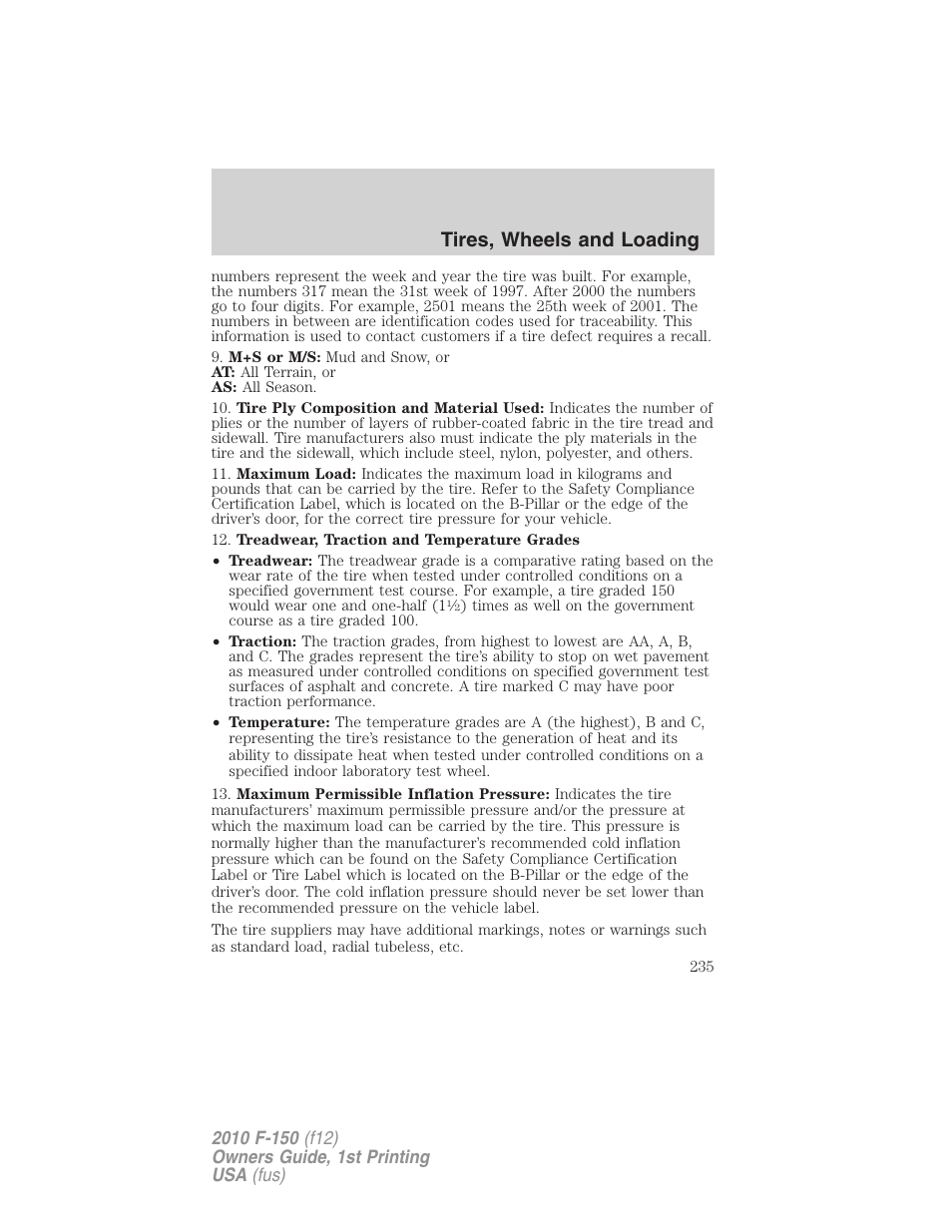 Tires, wheels and loading | FORD 2010 F-150 v.2 User Manual | Page 235 / 414