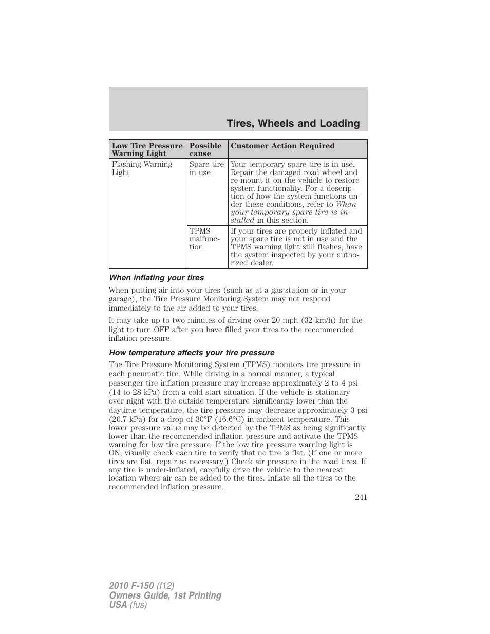 When inflating your tires, How temperature affects your tire pressure, Tires, wheels and loading | FORD 2010 F-150 v.2 User Manual | Page 241 / 414