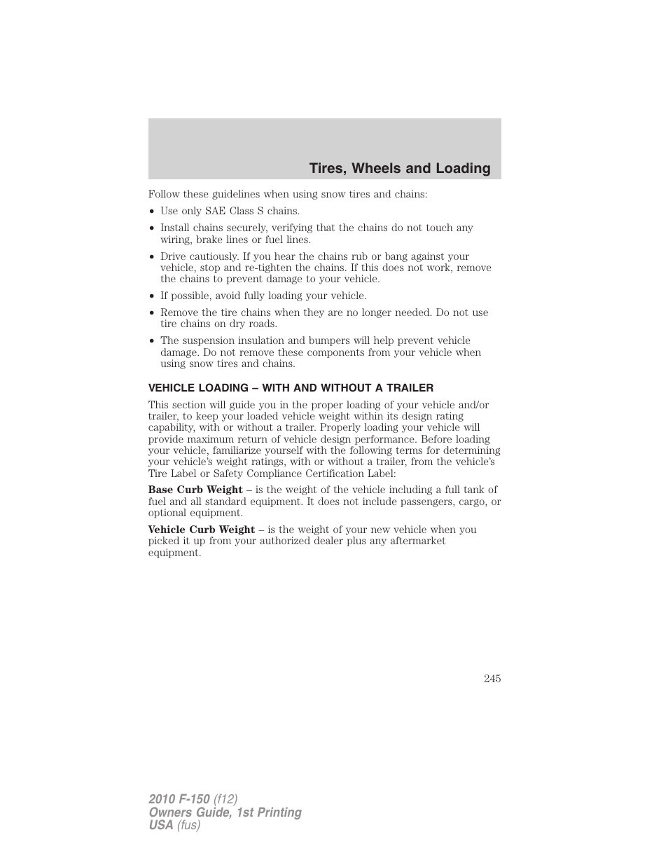 Vehicle loading – with and without a trailer, Vehicle loading, Tires, wheels and loading | FORD 2010 F-150 v.2 User Manual | Page 245 / 414