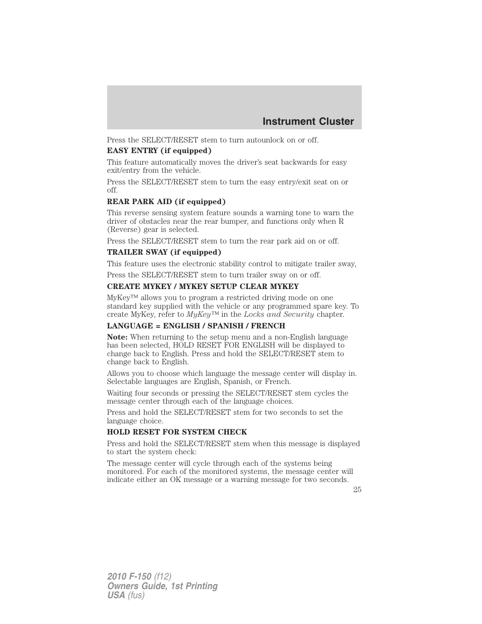 Instrument cluster | FORD 2010 F-150 v.2 User Manual | Page 25 / 414