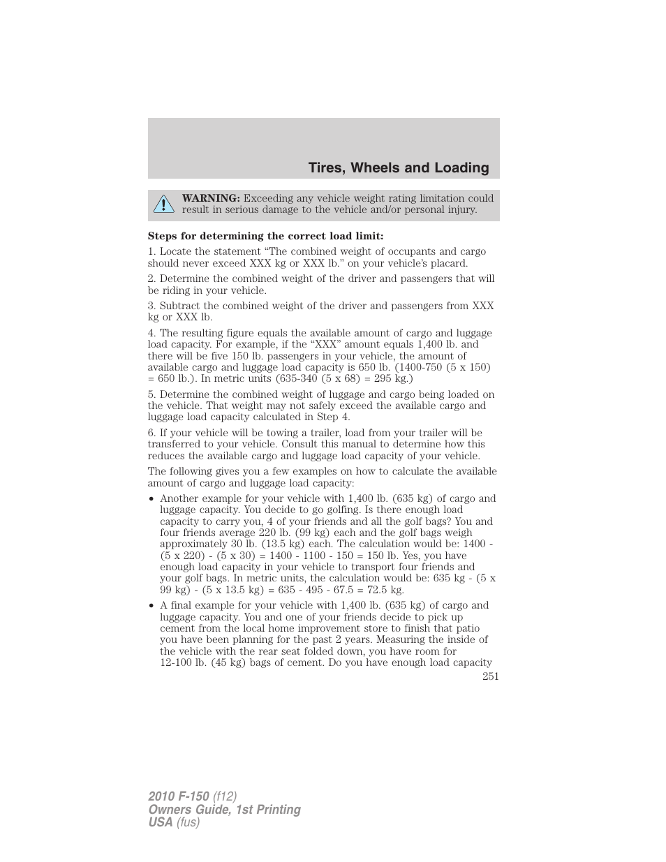 Tires, wheels and loading | FORD 2010 F-150 v.2 User Manual | Page 251 / 414