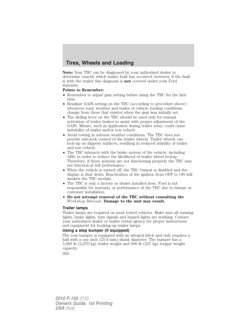 Trailer lamps, Using a step bumper (if equipped), Tires, wheels and loading | FORD 2010 F-150 v.2 User Manual | Page 262 / 414