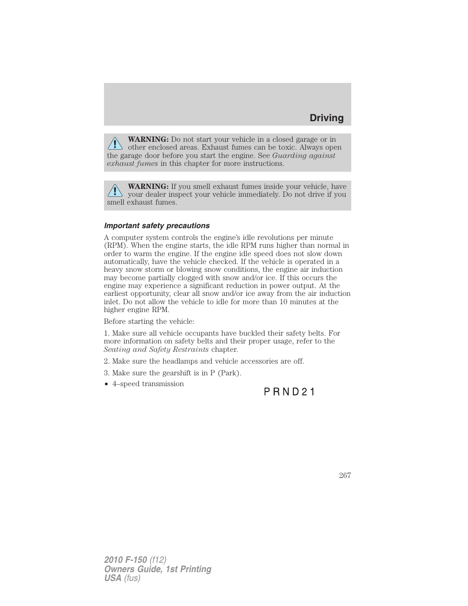 Important safety precautions, Driving | FORD 2010 F-150 v.2 User Manual | Page 267 / 414