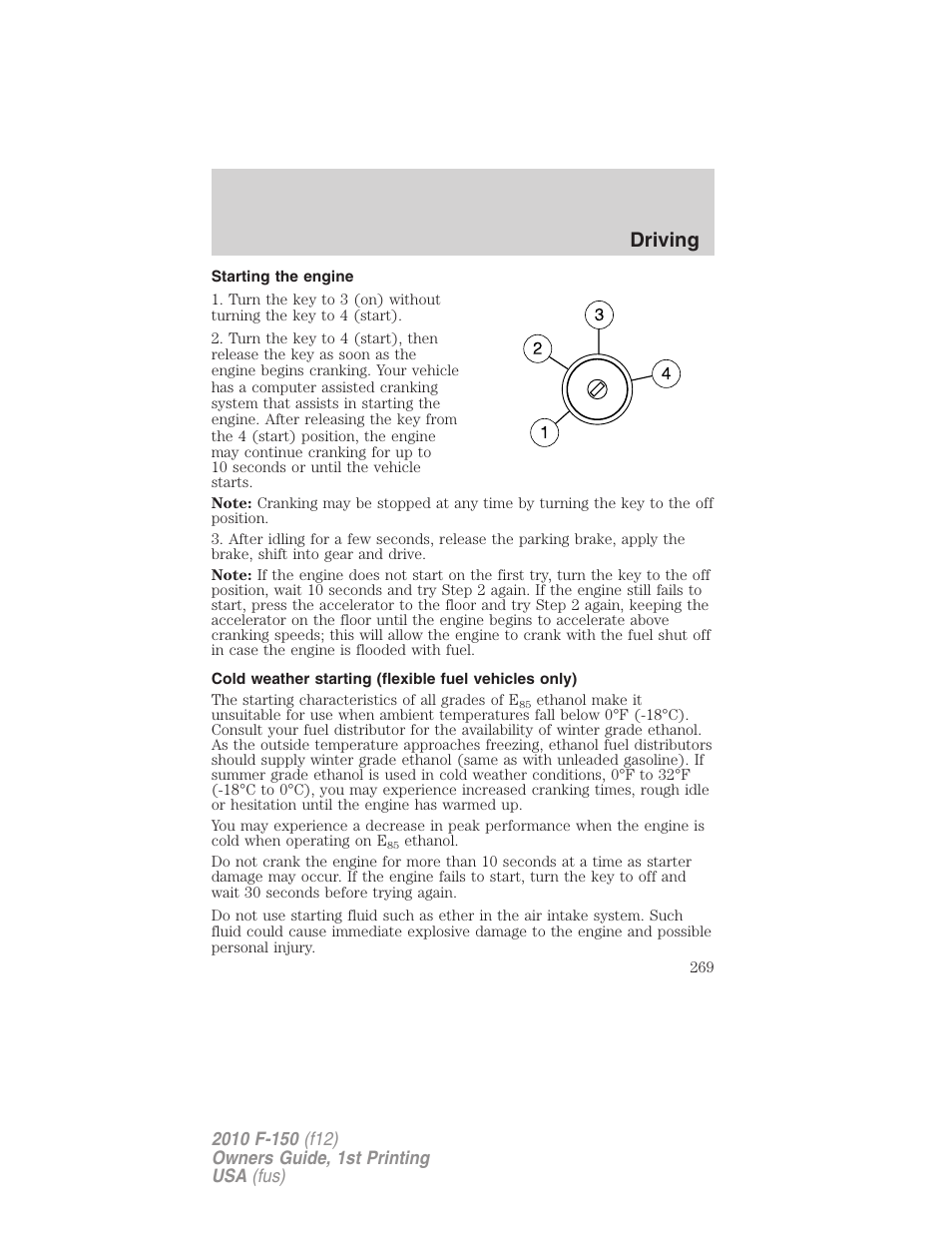 Starting the engine, Driving | FORD 2010 F-150 v.2 User Manual | Page 269 / 414