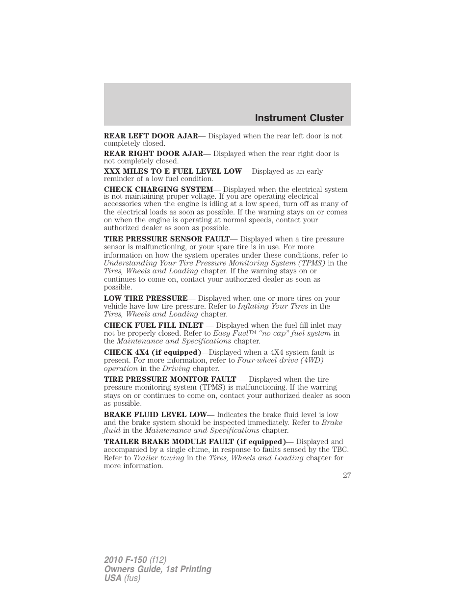 Instrument cluster | FORD 2010 F-150 v.2 User Manual | Page 27 / 414
