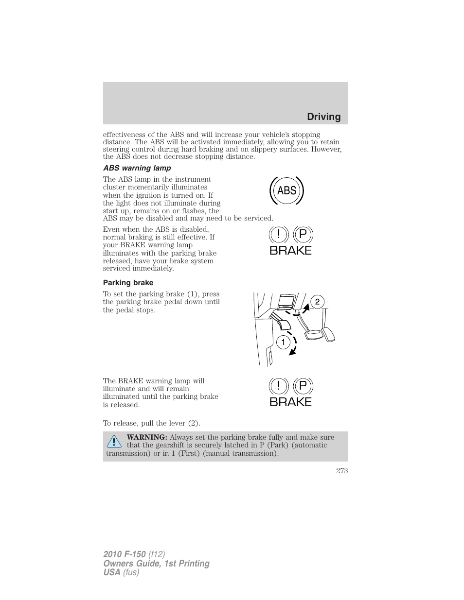 Abs warning lamp, Parking brake, Abs p ! brake p ! brake | FORD 2010 F-150 v.2 User Manual | Page 273 / 414