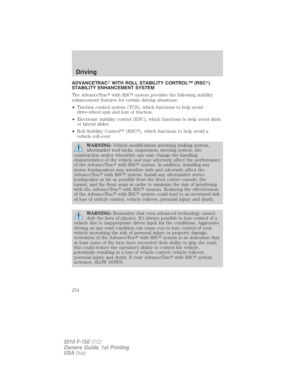 Advancetrac, Driving | FORD 2010 F-150 v.2 User Manual | Page 274 / 414