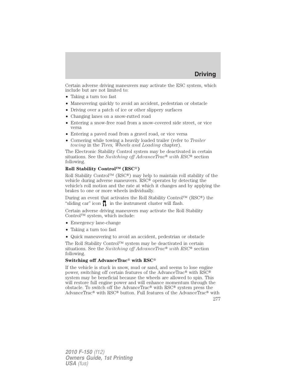 Driving | FORD 2010 F-150 v.2 User Manual | Page 277 / 414