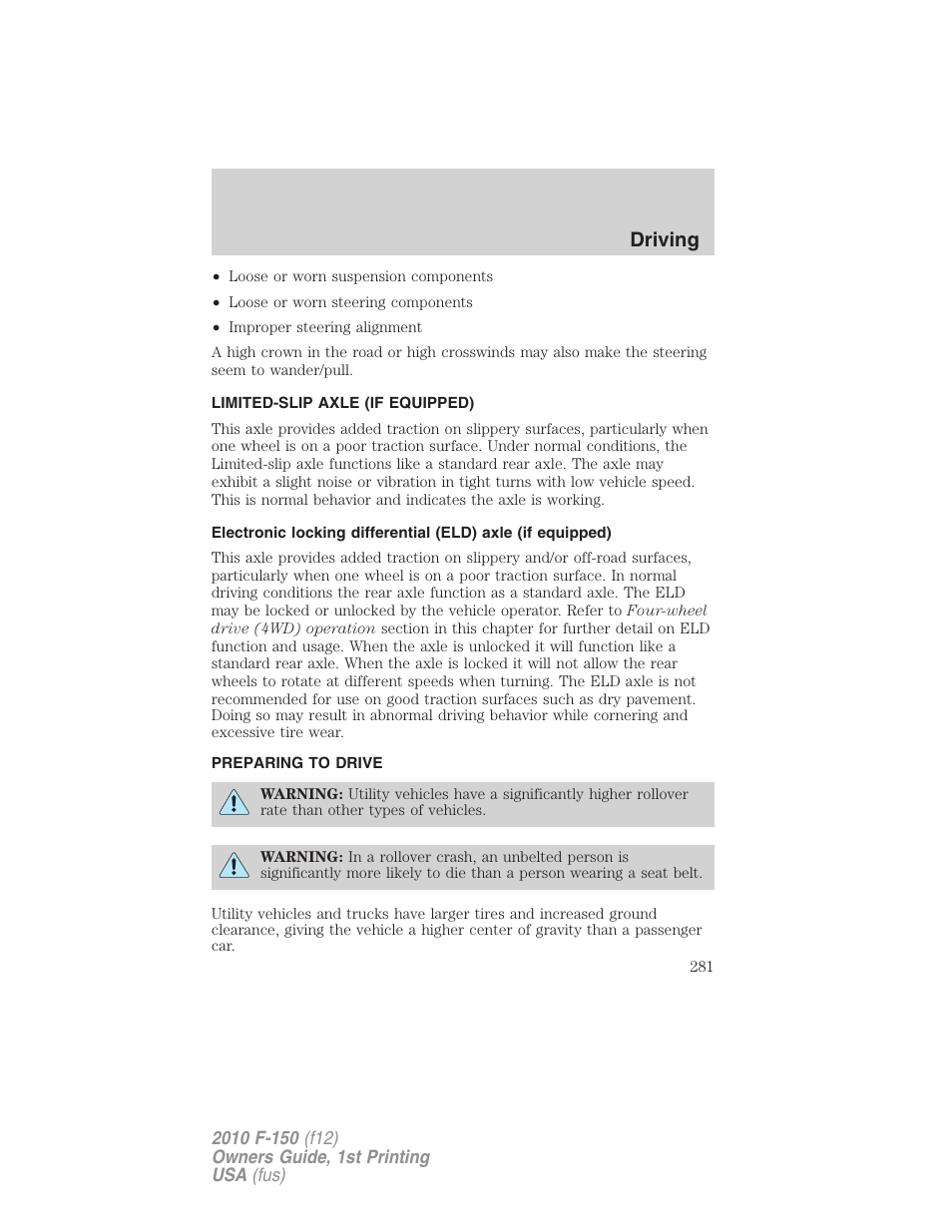 Limited-slip axle (if equipped), Preparing to drive, Driving | FORD 2010 F-150 v.2 User Manual | Page 281 / 414