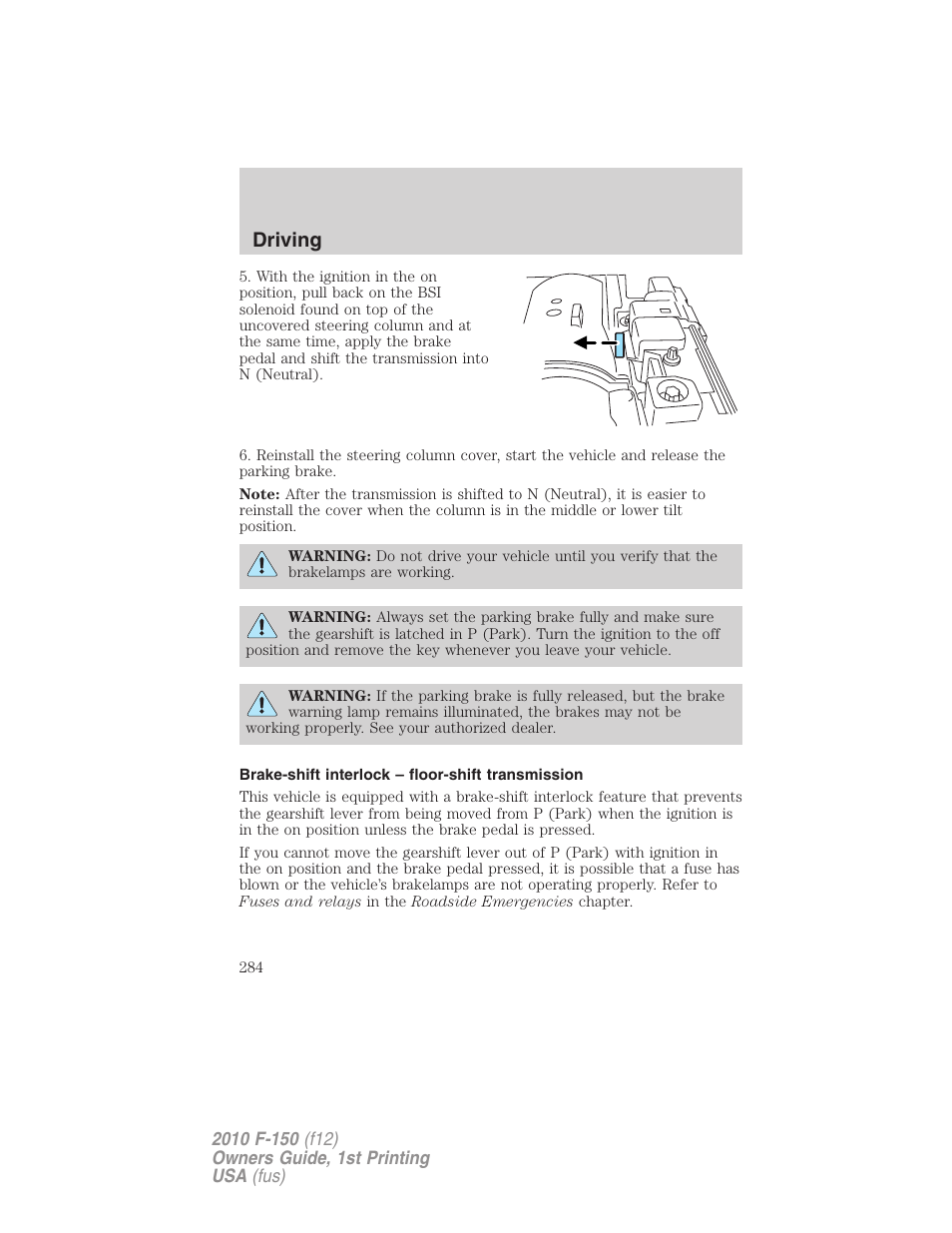 Brake-shift interlock – floor-shift transmission, Driving | FORD 2010 F-150 v.2 User Manual | Page 284 / 414