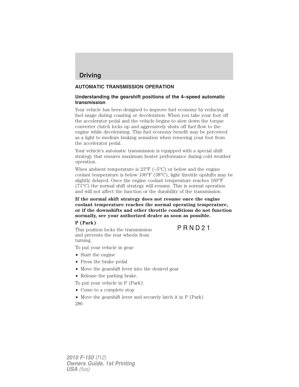 Automatic transmission operation, Transmission operation, Driving | FORD 2010 F-150 v.2 User Manual | Page 286 / 414