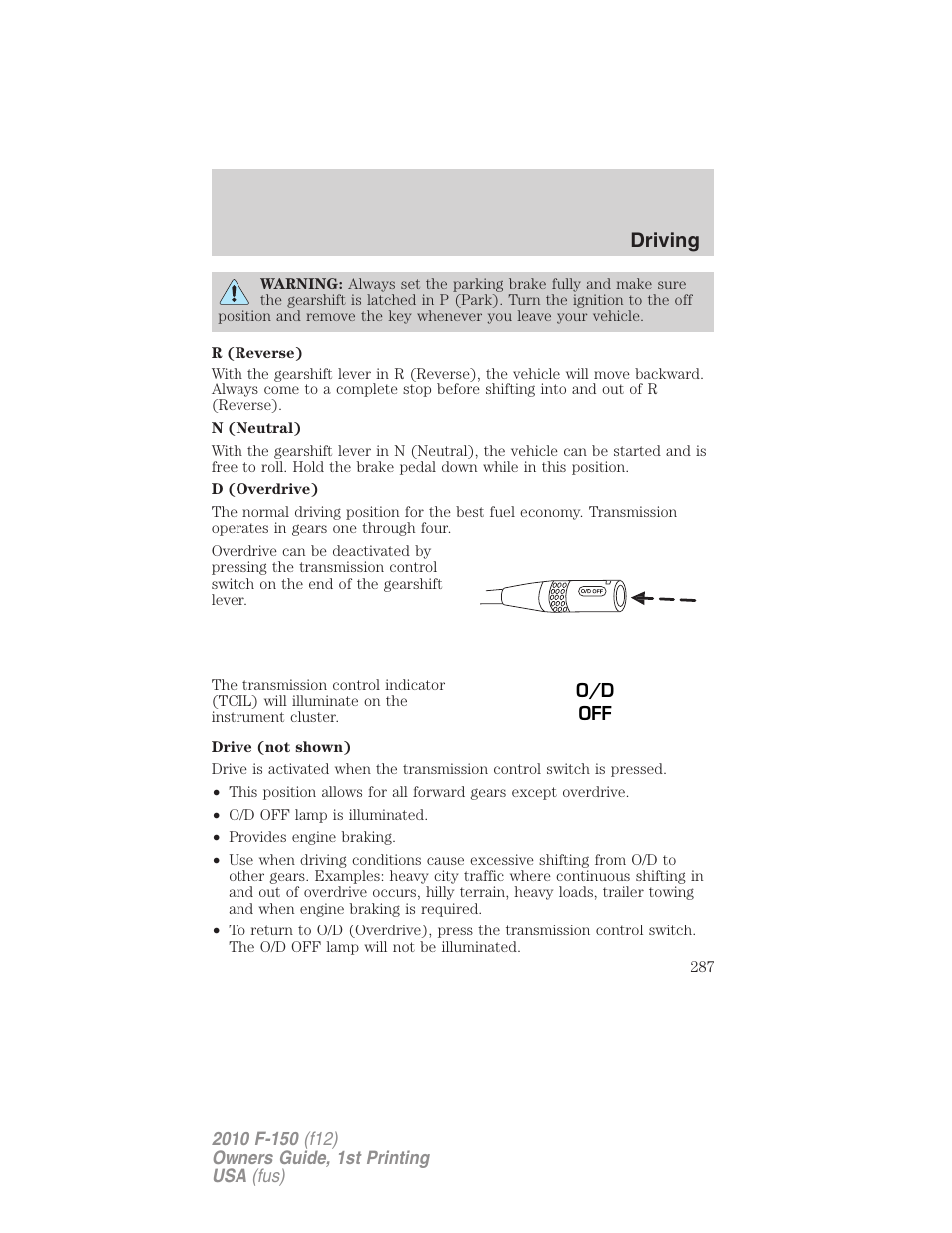 Driving | FORD 2010 F-150 v.2 User Manual | Page 287 / 414