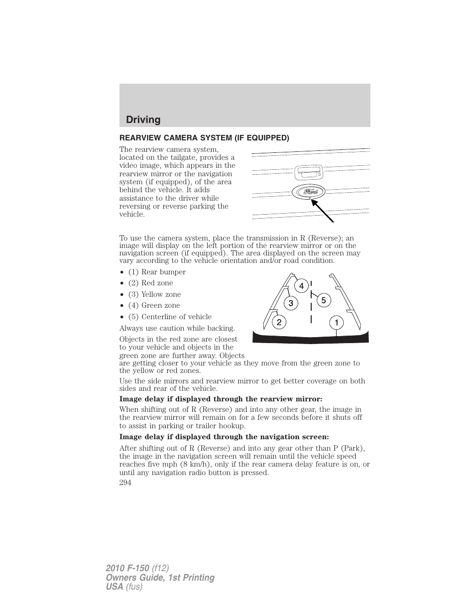 Rearview camera system (if equipped), Rear-view camera system, Driving | FORD 2010 F-150 v.2 User Manual | Page 294 / 414