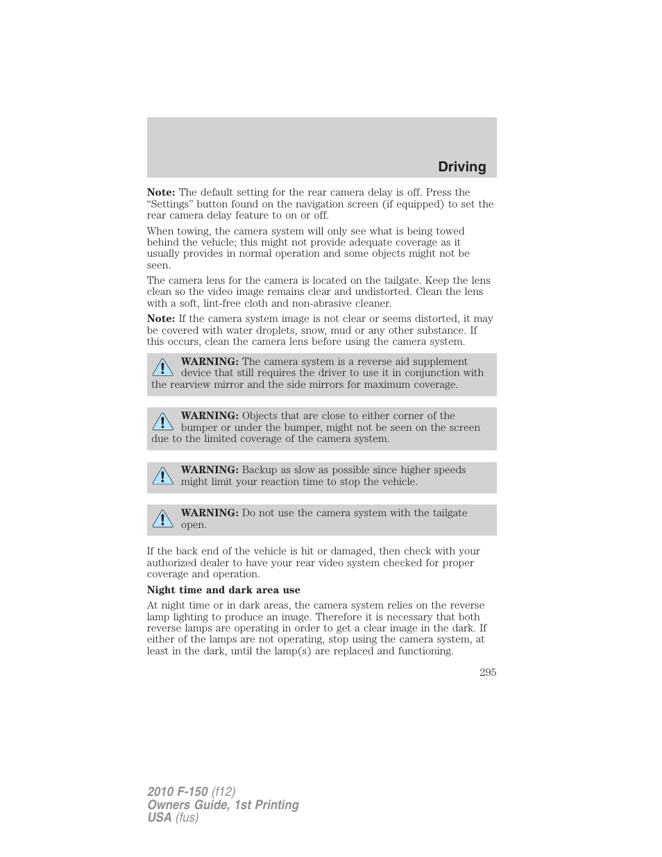 Driving | FORD 2010 F-150 v.2 User Manual | Page 295 / 414