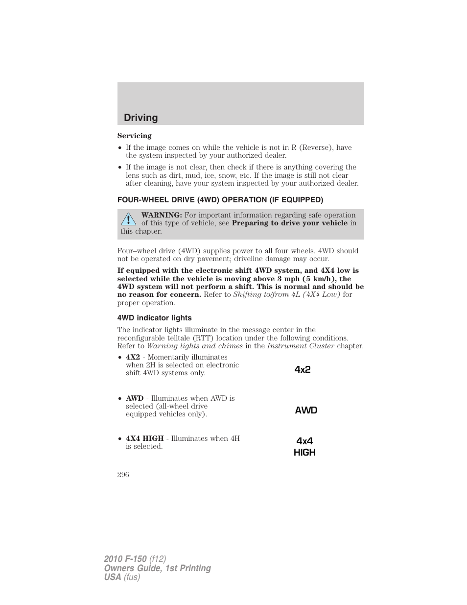 Four-wheel drive (4wd) operation (if equipped), 4wd indicator lights, Driving | FORD 2010 F-150 v.2 User Manual | Page 296 / 414