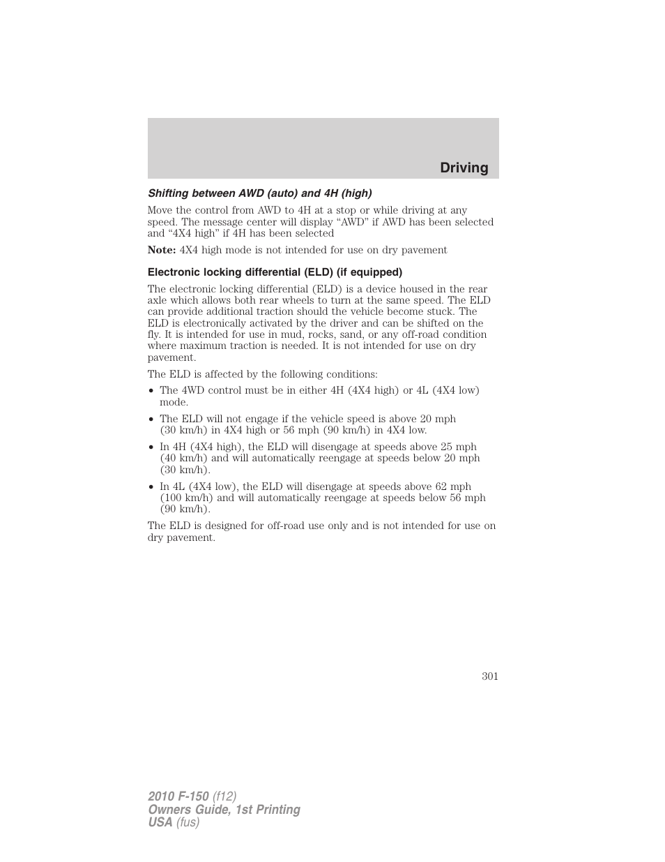 Shifting between awd (auto) and 4h (high), Driving | FORD 2010 F-150 v.2 User Manual | Page 301 / 414