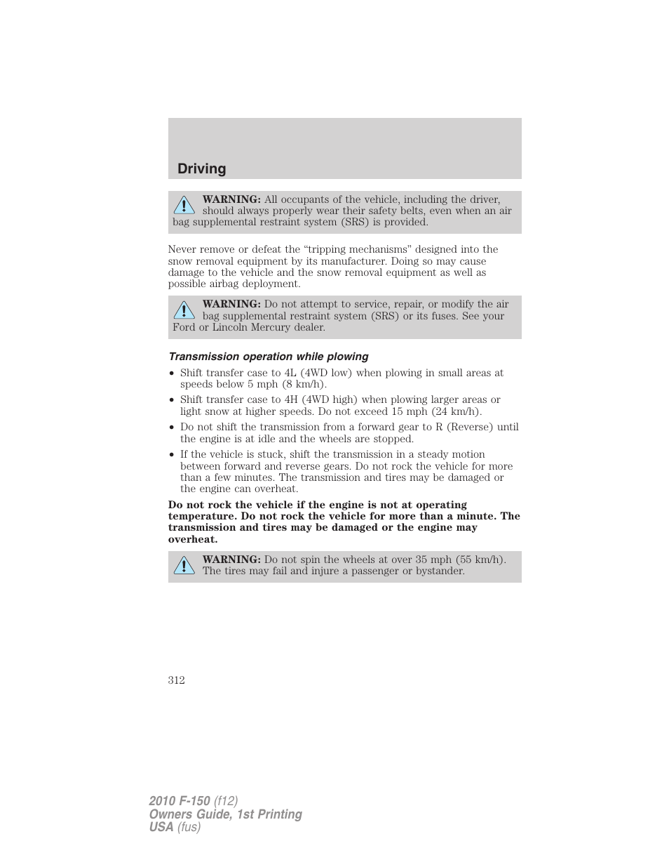 Transmission operation while plowing, Driving | FORD 2010 F-150 v.2 User Manual | Page 312 / 414