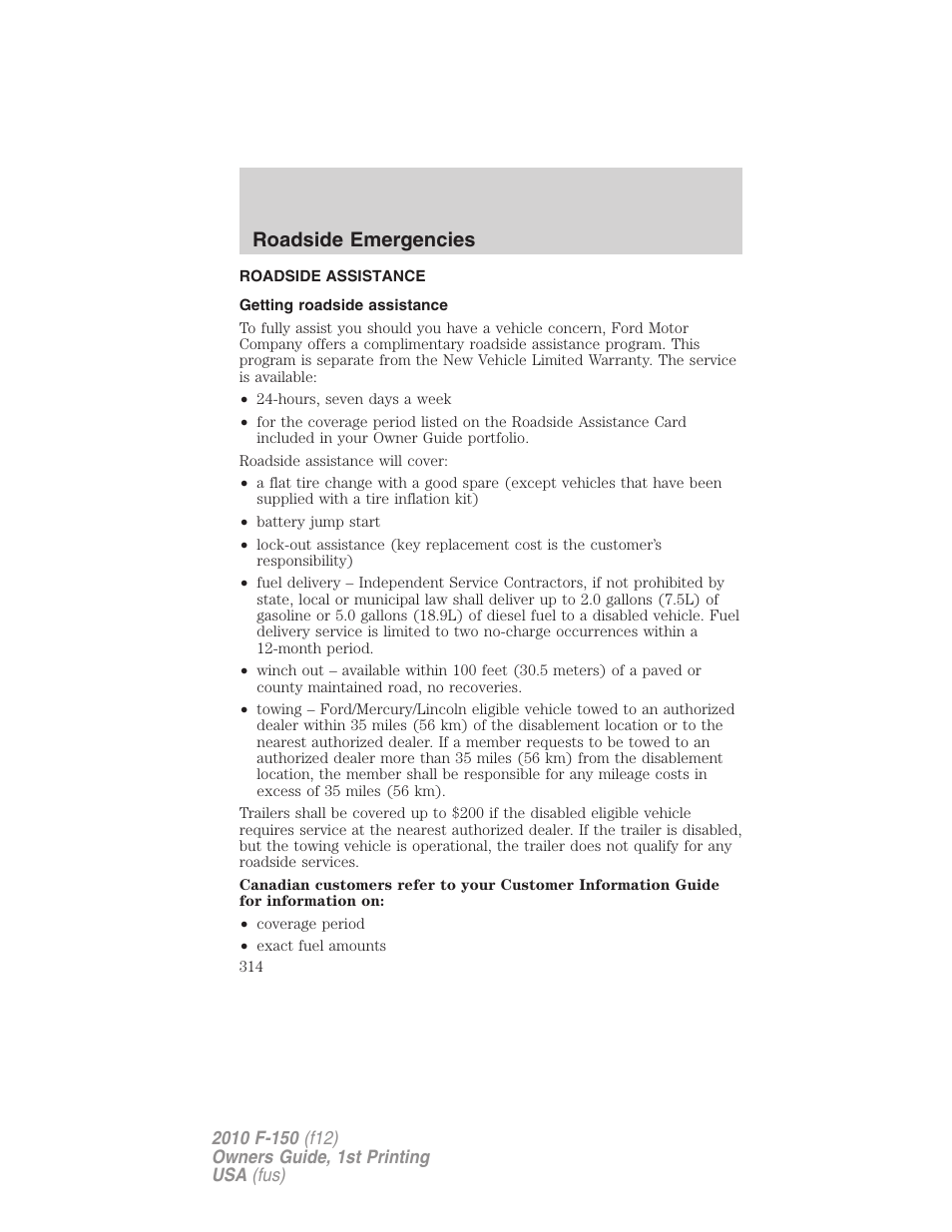 Roadside emergencies, Roadside assistance, Getting roadside assistance | FORD 2010 F-150 v.2 User Manual | Page 314 / 414