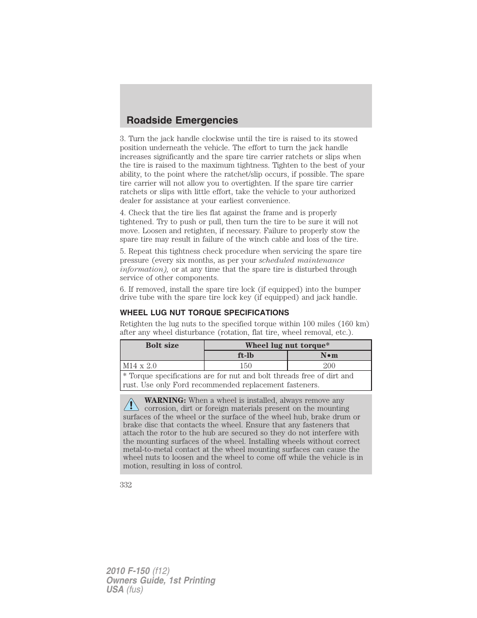 Wheel lug nut torque specifications, Wheel lug nut torque, Roadside emergencies | FORD 2010 F-150 v.2 User Manual | Page 332 / 414
