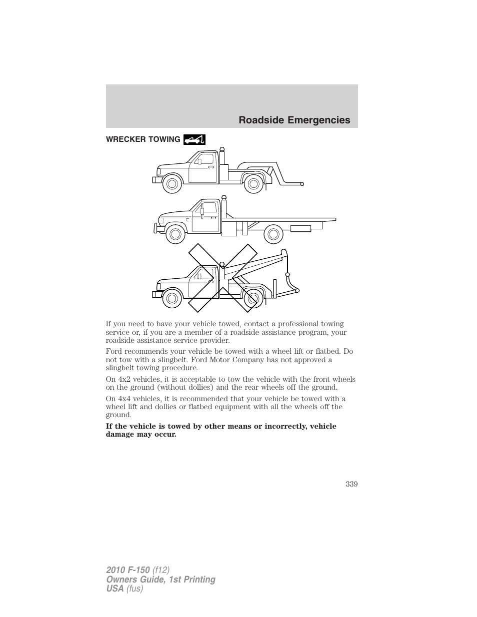 Wrecker towing, Roadside emergencies | FORD 2010 F-150 v.2 User Manual | Page 339 / 414