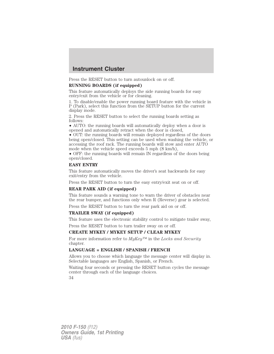 Instrument cluster | FORD 2010 F-150 v.2 User Manual | Page 34 / 414