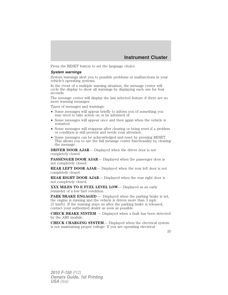 System warnings, Instrument cluster | FORD 2010 F-150 v.2 User Manual | Page 35 / 414