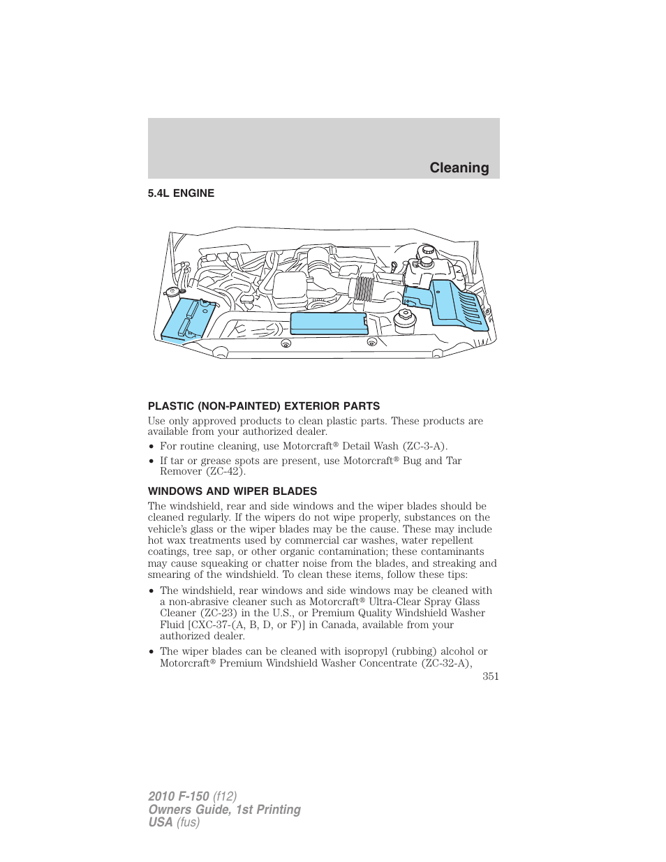 4l engine, Plastic (non-painted) exterior parts, Windows and wiper blades | Cleaning | FORD 2010 F-150 v.2 User Manual | Page 351 / 414
