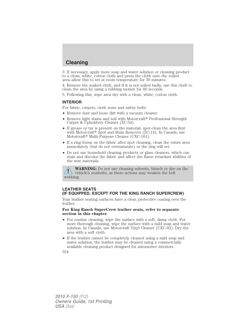 Interior, Cleaning | FORD 2010 F-150 v.2 User Manual | Page 354 / 414