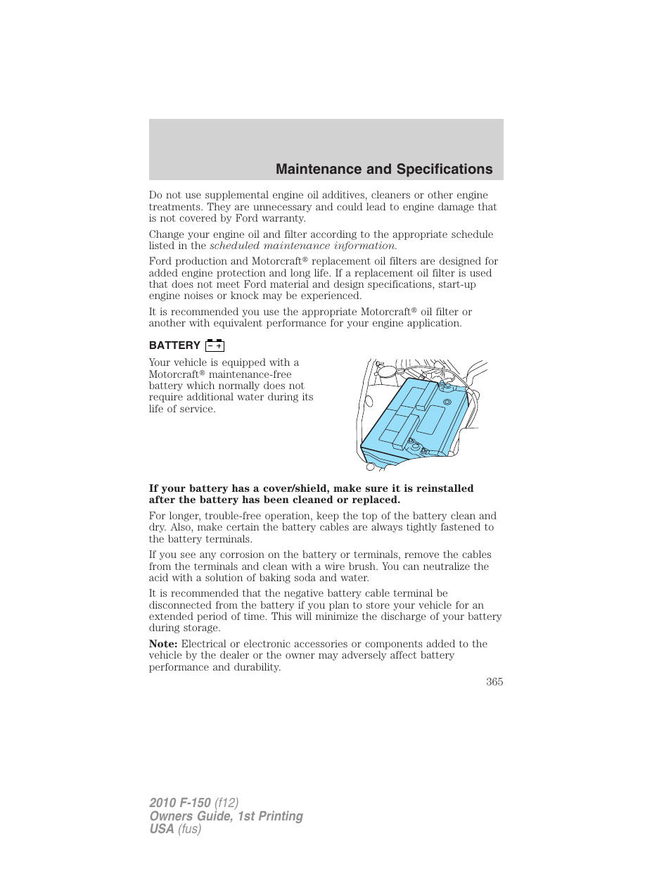 Battery, Maintenance and specifications | FORD 2010 F-150 v.2 User Manual | Page 365 / 414