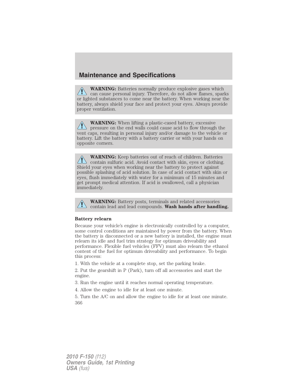 Maintenance and specifications | FORD 2010 F-150 v.2 User Manual | Page 366 / 414