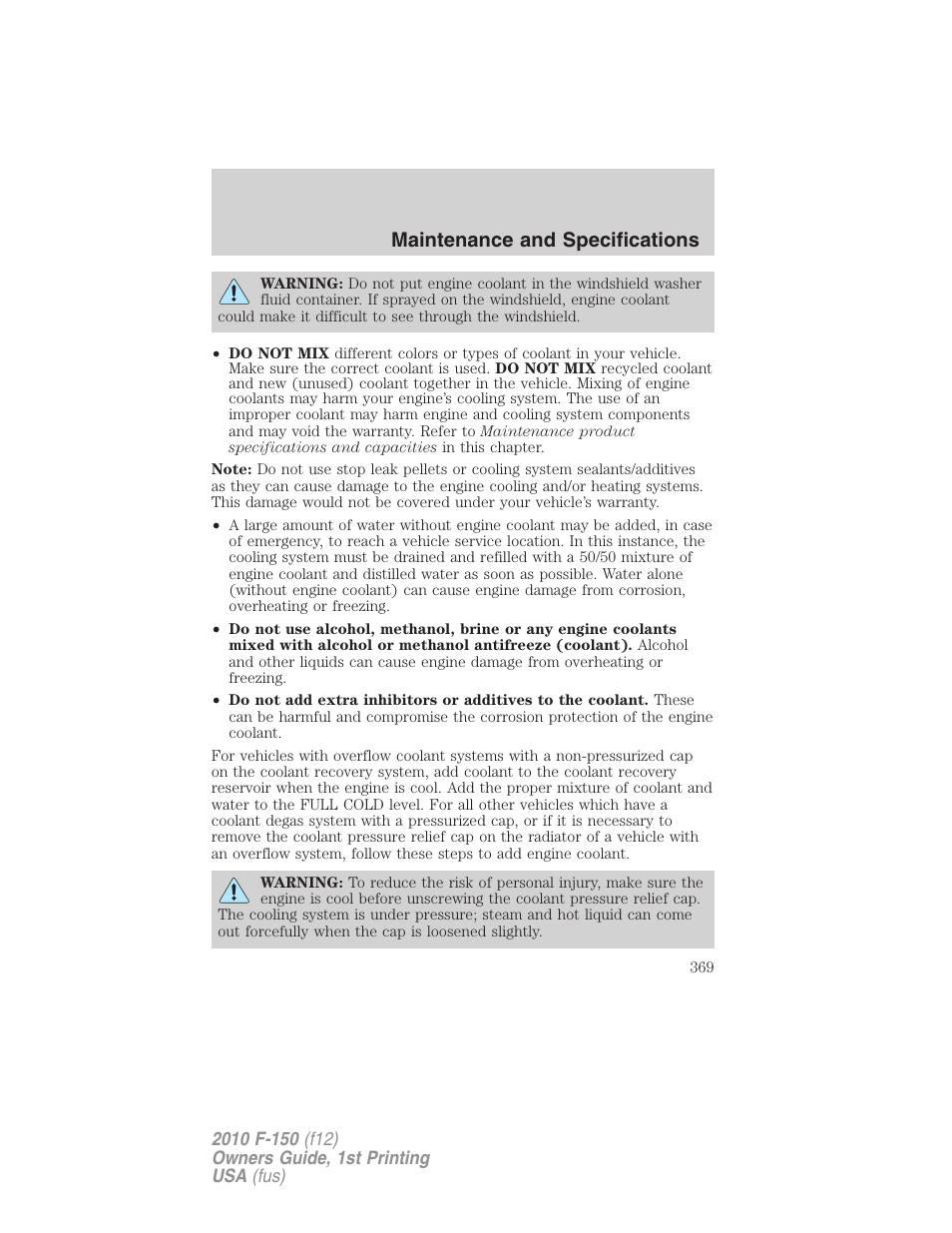 Maintenance and specifications | FORD 2010 F-150 v.2 User Manual | Page 369 / 414