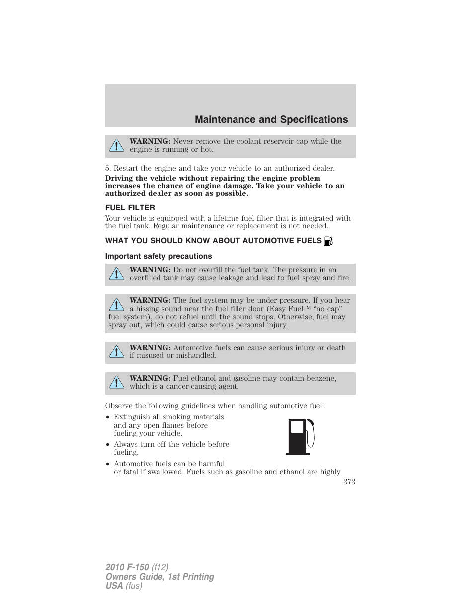 Fuel filter, What you should know about automotive fuels, Important safety precautions | Fuel information, Maintenance and specifications | FORD 2010 F-150 v.2 User Manual | Page 373 / 414