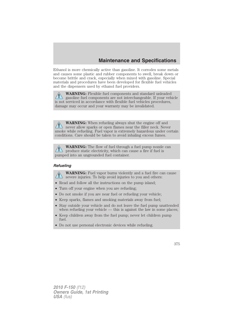 Refueling, Maintenance and specifications | FORD 2010 F-150 v.2 User Manual | Page 375 / 414