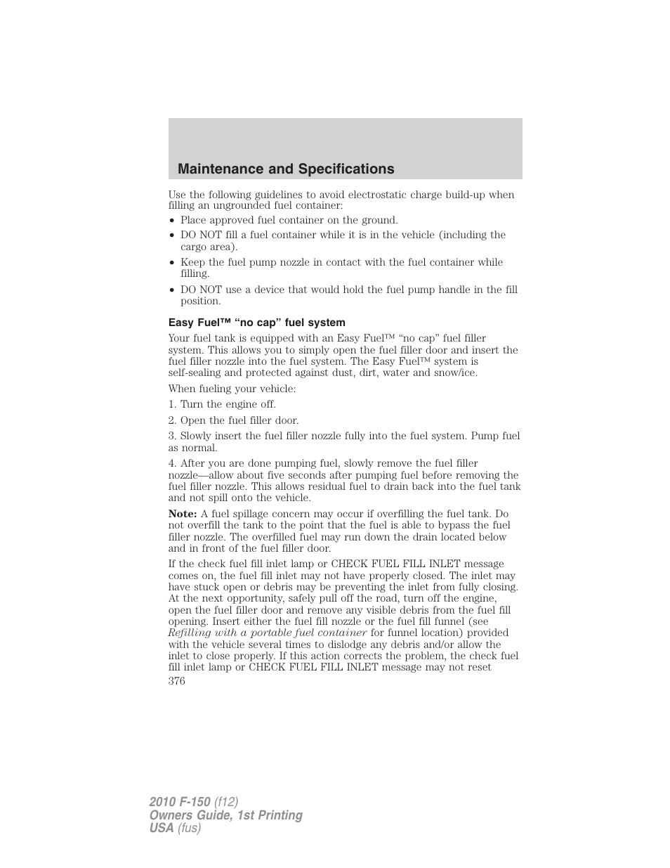 Easy fuel™ “no cap” fuel system, Maintenance and specifications | FORD 2010 F-150 v.2 User Manual | Page 376 / 414