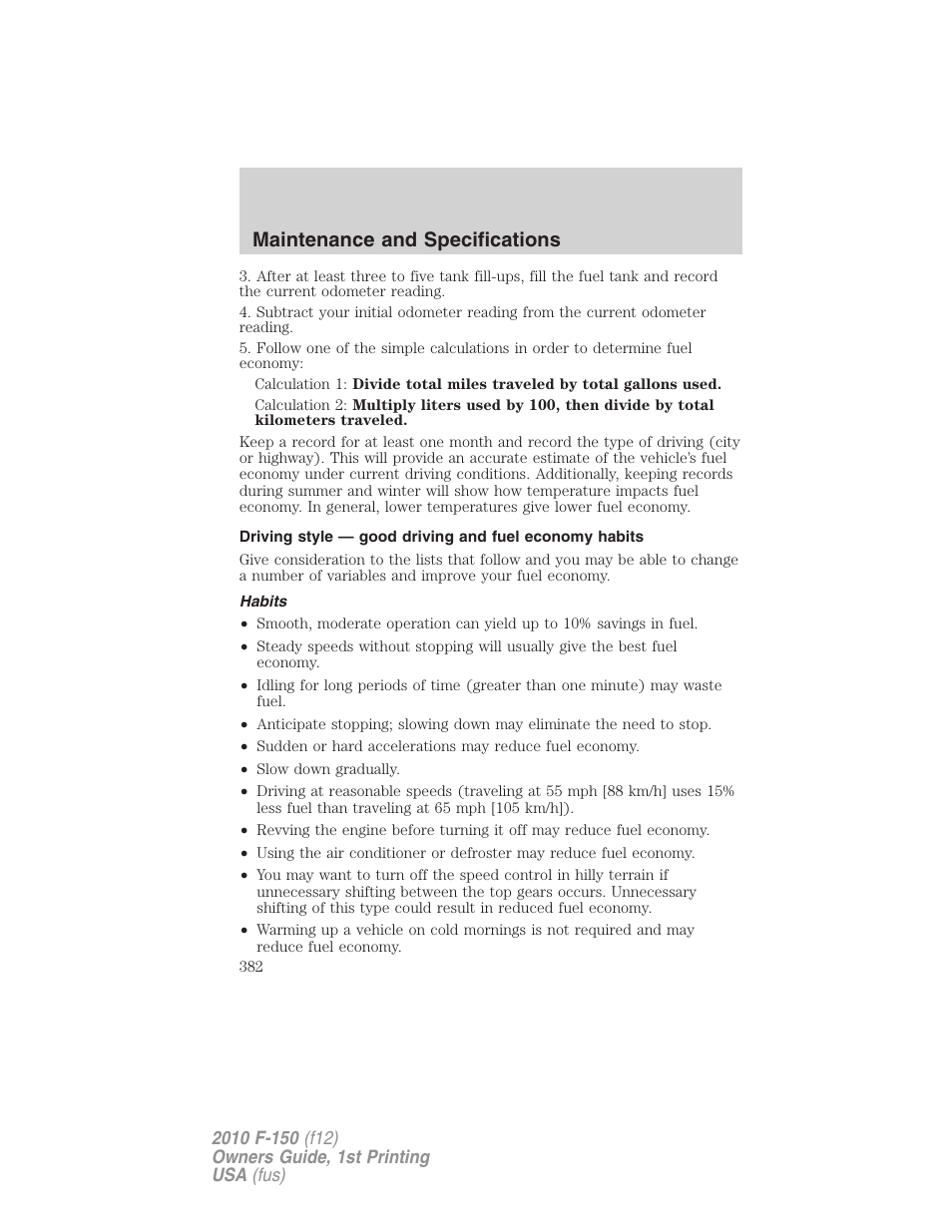 Habits, Maintenance and specifications | FORD 2010 F-150 v.2 User Manual | Page 382 / 414
