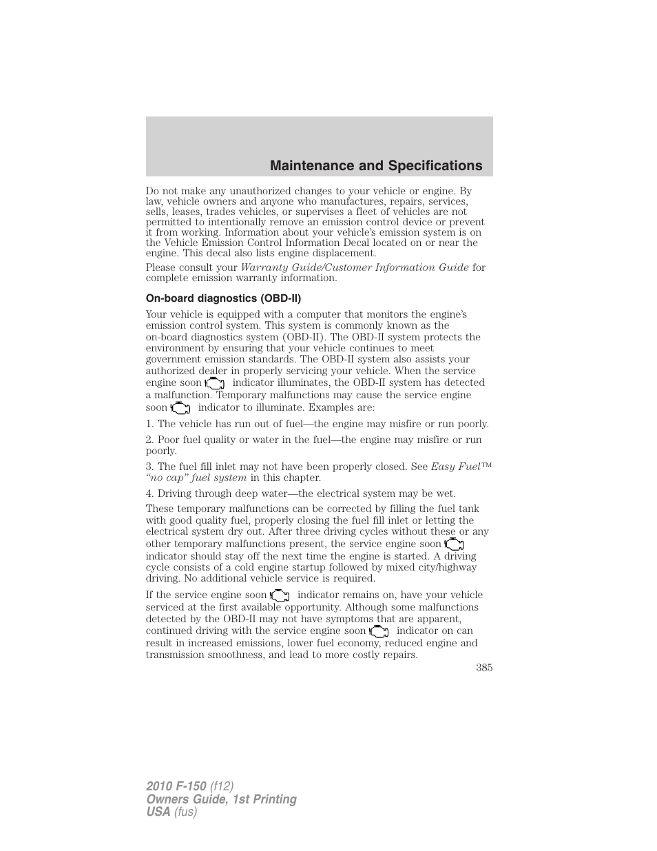 On-board diagnostics (obd-ii), Maintenance and specifications | FORD 2010 F-150 v.2 User Manual | Page 385 / 414